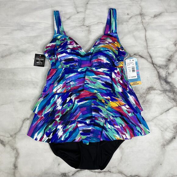 Swim Solutions Winning Streak Tiered Tummy-Control One Piece 8 Watercolor New - Picture 2 of 6